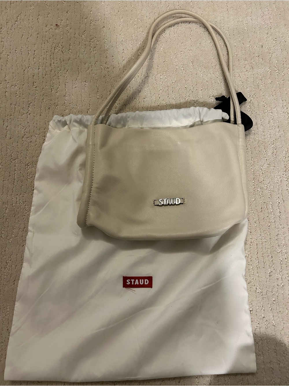 STAUD Cream Leather Shoulder Bag with Double Straps